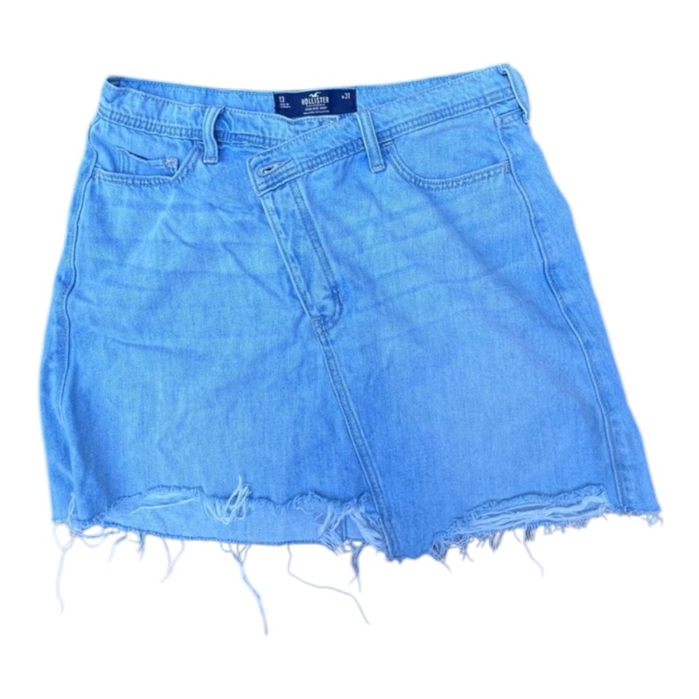 Hollister High Rise Asymmetrical Crossover Button‎ Fly Denim Mini Skirt Light 13